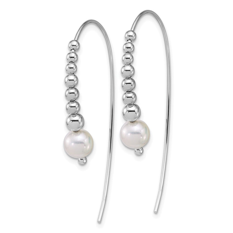 Sterling Silver Rhodium Plated Polished and Beaded Shell Pearl Threader Earrings