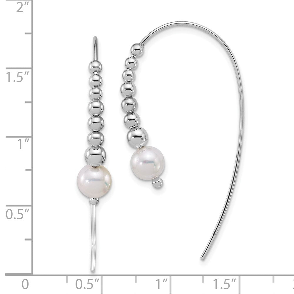 Sterling Silver Rhodium Plated Polished and Beaded Shell Pearl Threader Earrings