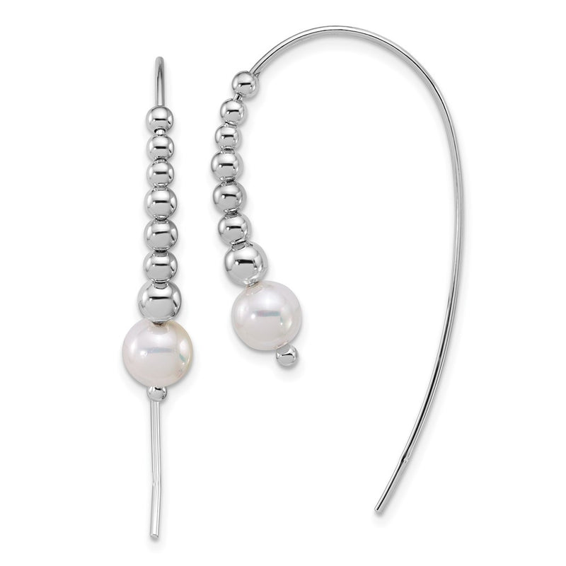 Sterling Silver Rhodium Plated Polished and Beaded Shell Pearl Threader Earrings