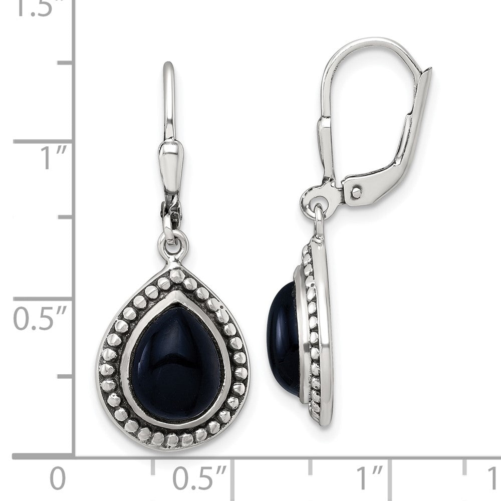 Sterling Silver Antiqued Onyx Teardrop Leverback Dangle Earrings