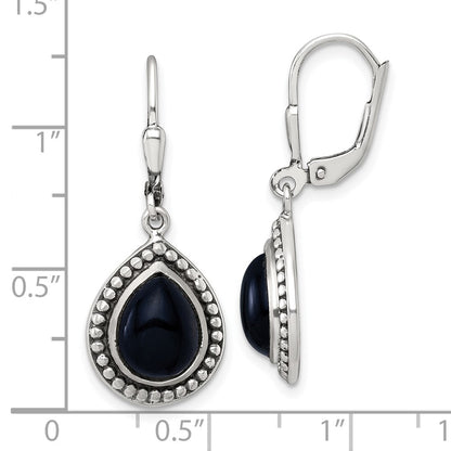 Sterling Silver Antiqued Onyx Teardrop Leverback Dangle Earrings