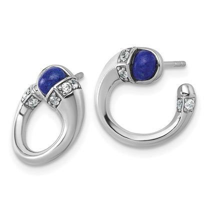 Sterling Silver Polished Rhodium-Plated CZ and Lapis Cuff Post Earrings
