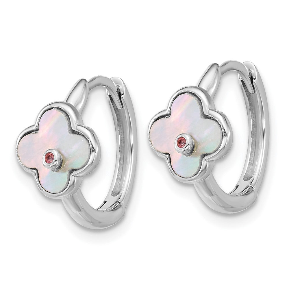 Sterling Silver Rhod-Pl Mop and CZ Flower Hinged Hoop Earrings