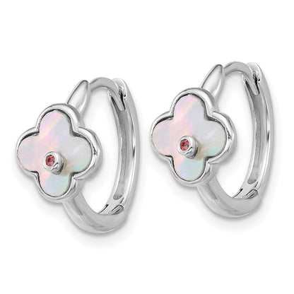 Sterling Silver Rhod-Pl Mop and CZ Flower Hinged Hoop Earrings