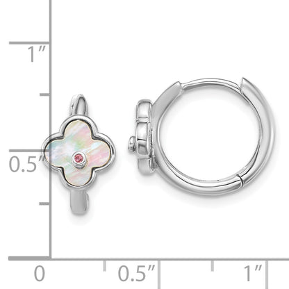 Sterling Silver Rhod-Pl Mop and CZ Flower Hinged Hoop Earrings