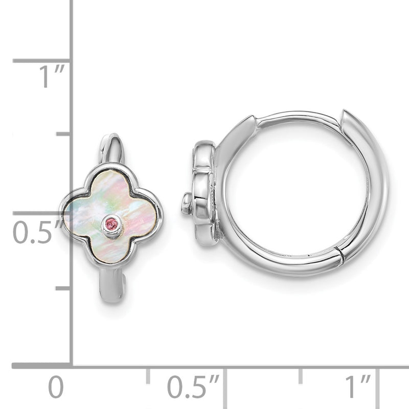 Sterling Silver Rhod-Pl Mop and CZ Flower Hinged Hoop Earrings