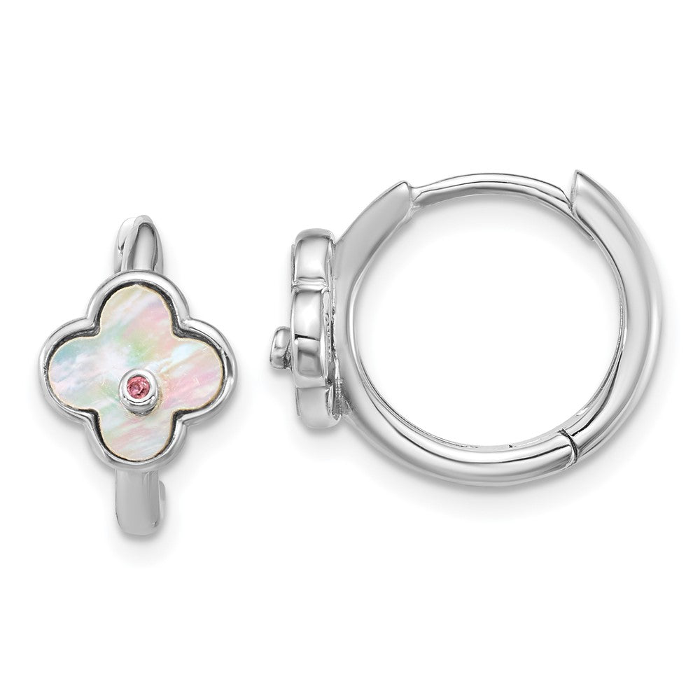 Sterling Silver Rhod-Pl Mop and CZ Flower Hinged Hoop Earrings