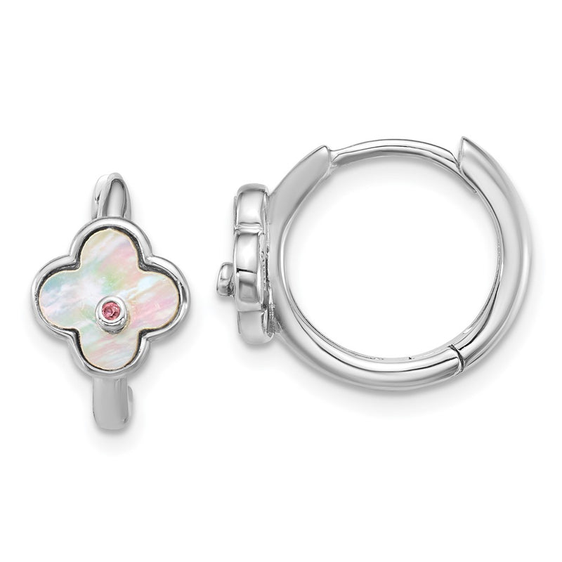 Sterling Silver Rhod-Pl Mop and CZ Flower Hinged Hoop Earrings