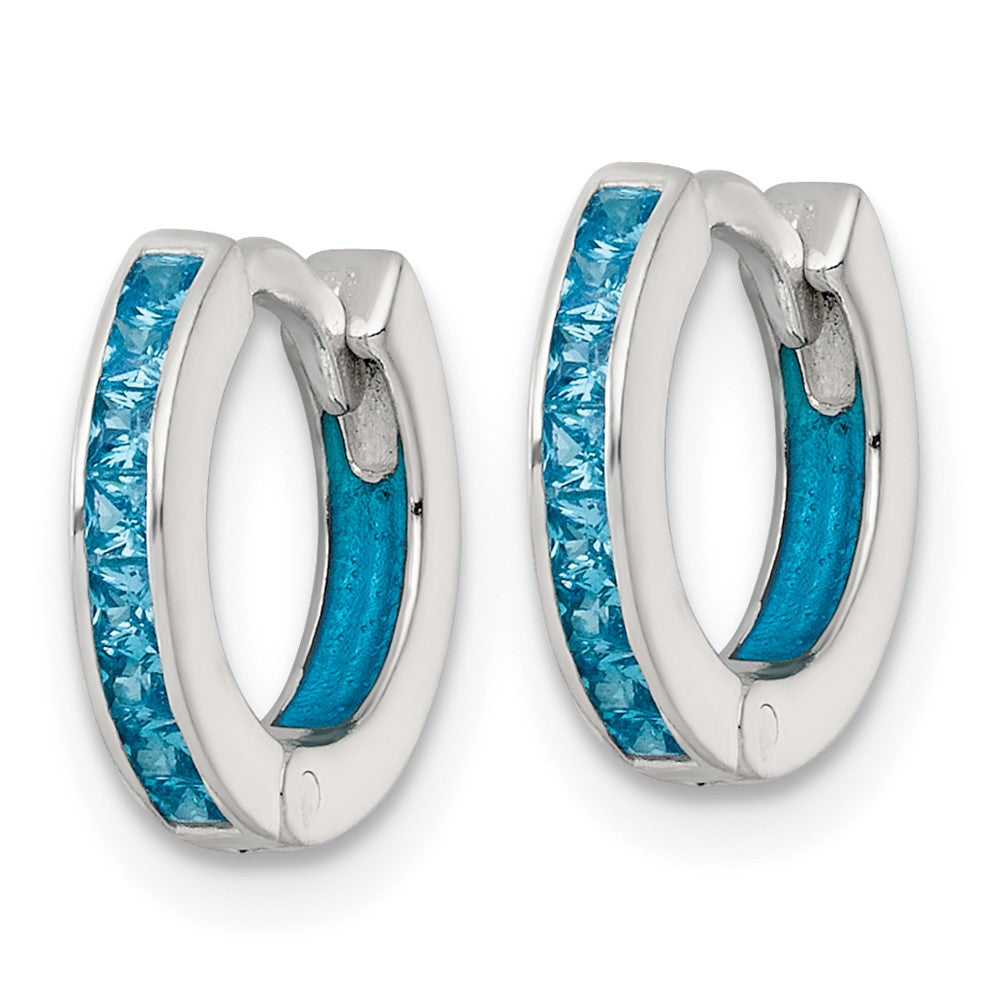 Sterling Silver Polished Blue CZ and Enamel In/out Hinged Round Hoop Earrings