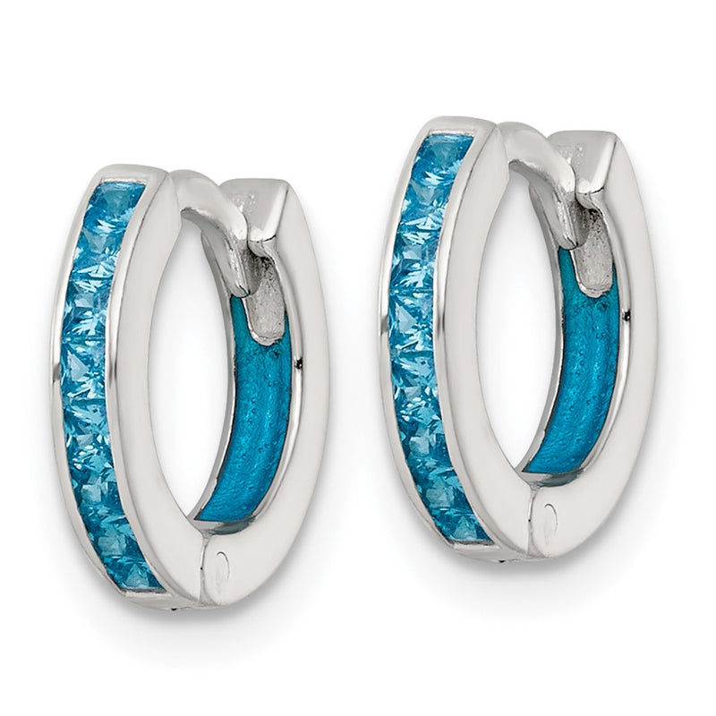 Sterling Silver Polished Blue CZ and Enamel In/out Hinged Round Hoop Earrings