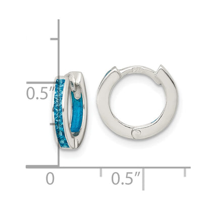 Sterling Silver Polished Blue CZ and Enamel In/out Hinged Round Hoop Earrings