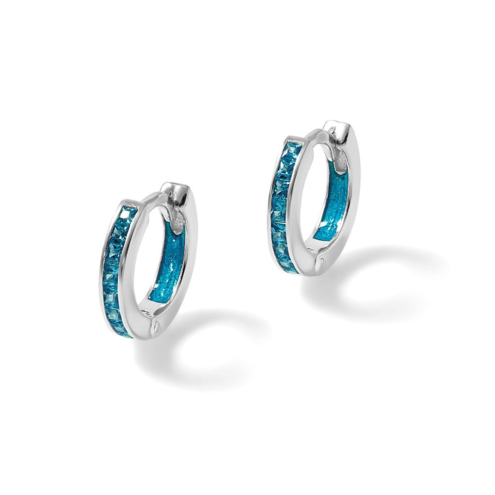 Sterling Silver Polished Blue CZ and Enamel In/out Hinged Round Hoop Earrings