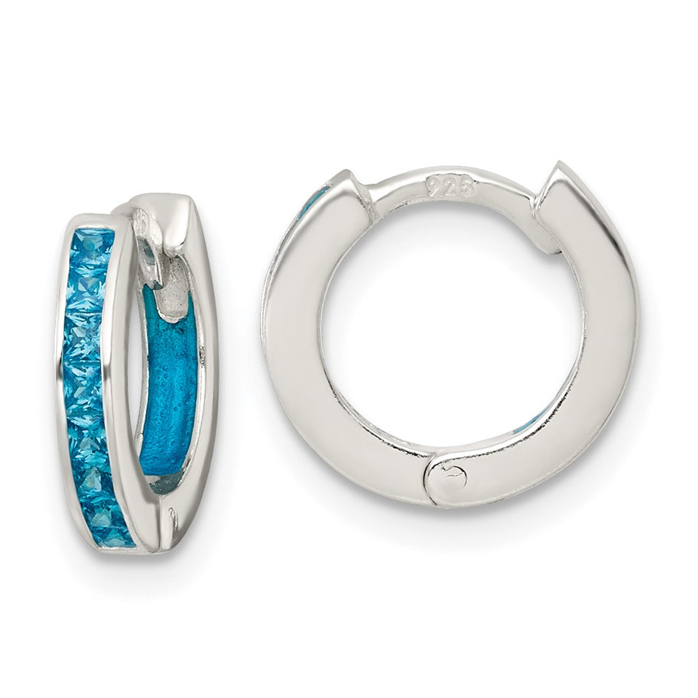 Sterling Silver Polished Blue CZ and Enamel In/out Hinged Round Hoop Earrings