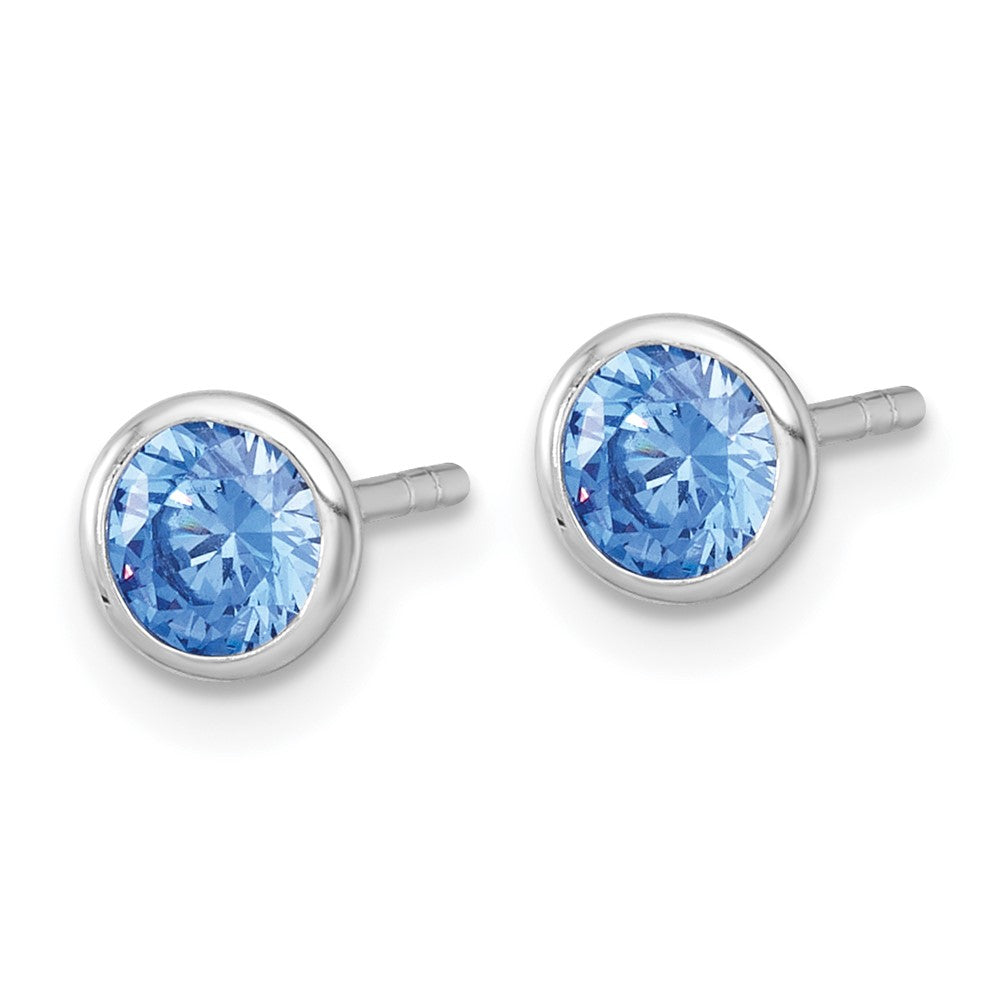 Sterling Silver Rhodium Plated Polished 6.25mm Blue CZ Stud Earrings