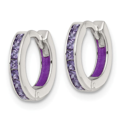 Sterling Silver Polished Purple CZ and Enamel In/out Hinged Round Hoop Earrings