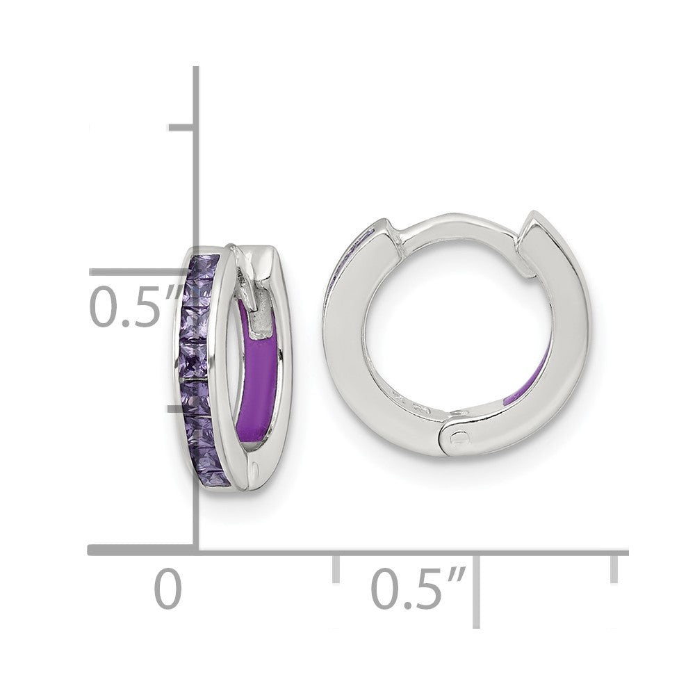 Sterling Silver Polished Purple CZ and Enamel In/out Hinged Round Hoop Earrings