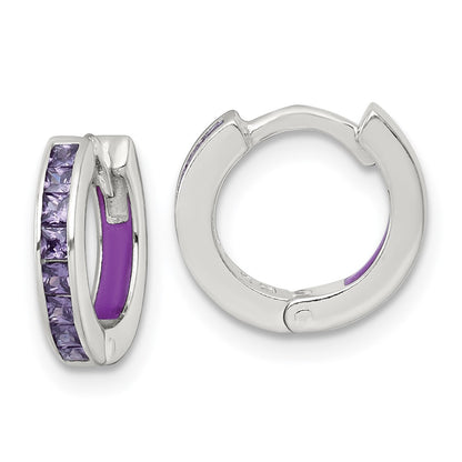 Sterling Silver Polished Purple CZ and Enamel In/out Hinged Round Hoop Earrings