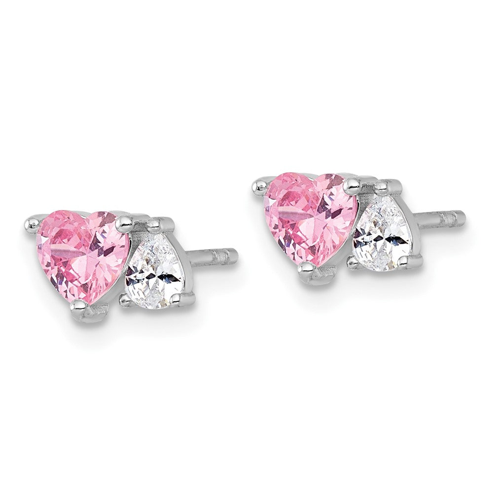 Sterling Silver Rhodium Plated Pink White Heart and Pear-Shaped CZ Post Earrings