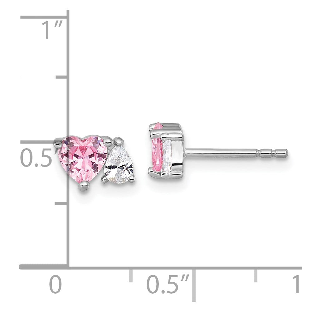 Sterling Silver Rhodium Plated Pink White Heart and Pear-Shaped CZ Post Earrings