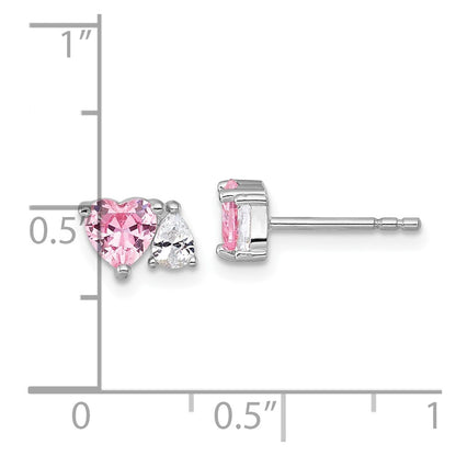 Sterling Silver Rhodium Plated Pink White Heart and Pear-Shaped CZ Post Earrings