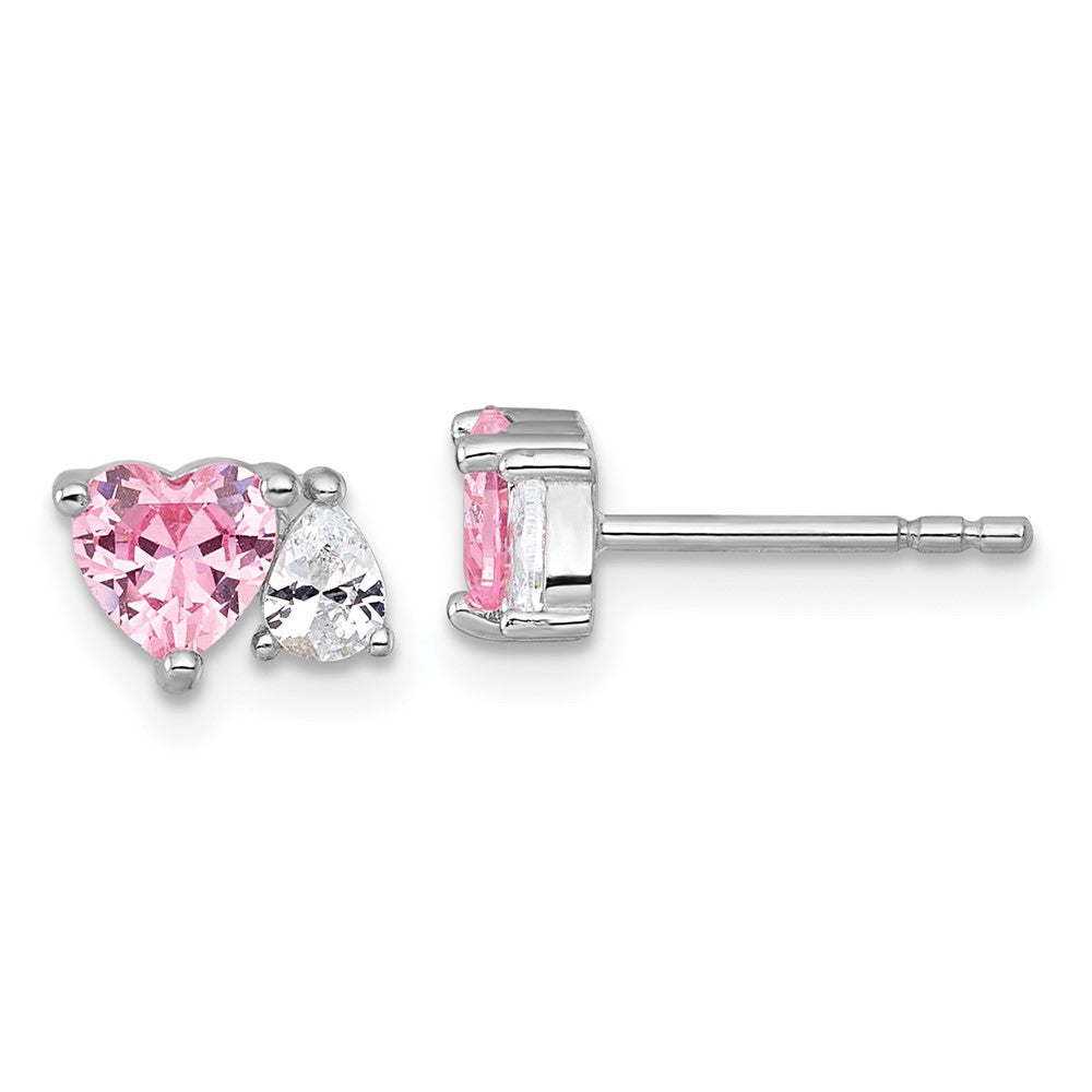 Sterling Silver Rhodium Plated Pink White Heart and Pear-Shaped CZ Post Earrings