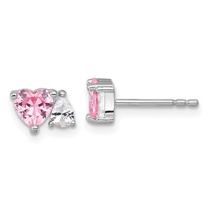 Sterling Silver Rhodium Plated Pink White Heart and Pear-Shaped CZ Post Earrings