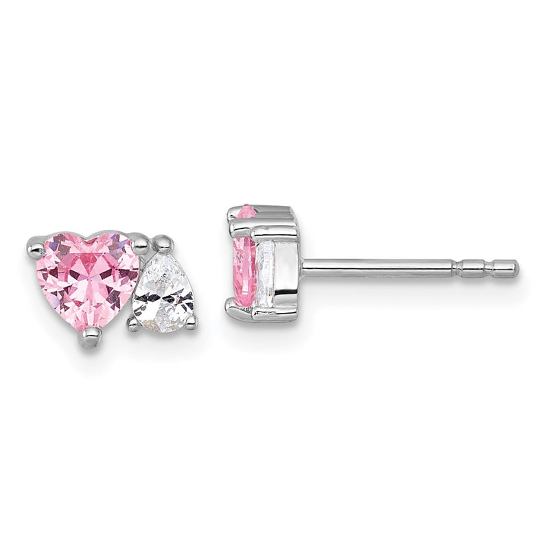 Sterling Silver Rhodium Plated Pink White Heart and Pear-Shaped CZ Post Earrings