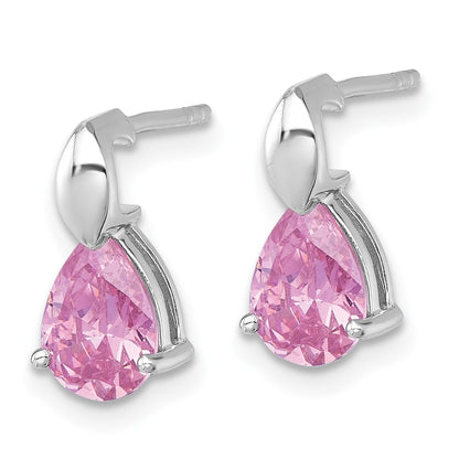 Sterling Silver Rhodium Plated Polished Pink CZ Teardrop Post Dangle Earrings