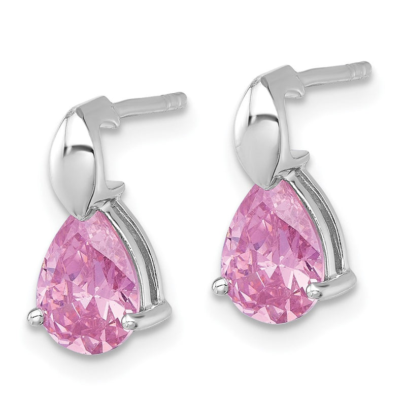 Sterling Silver Rhodium Plated Polished Pink CZ Teardrop Post Dangle Earrings
