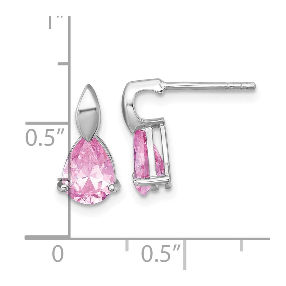 Sterling Silver Rhodium Plated Polished Pink CZ Teardrop Post Dangle Earrings