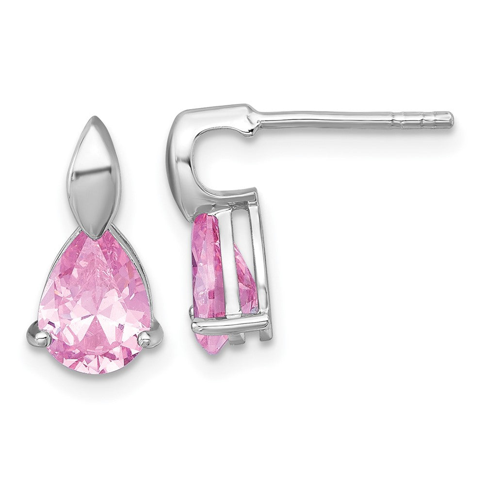 Sterling Silver Rhodium Plated Polished Pink CZ Teardrop Post Dangle Earrings