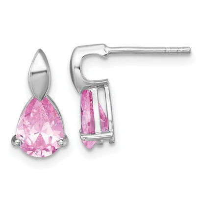 Sterling Silver Rhodium Plated Polished Pink CZ Teardrop Post Dangle Earrings