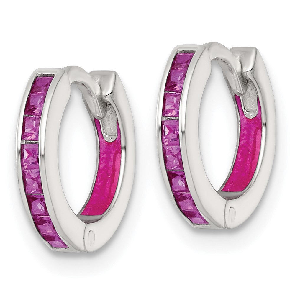 Sterling Silver Polished Pink CZ and Enamel In/out Hinged Round Hoop Earrings