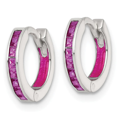 Sterling Silver Polished Pink CZ and Enamel In/out Hinged Round Hoop Earrings