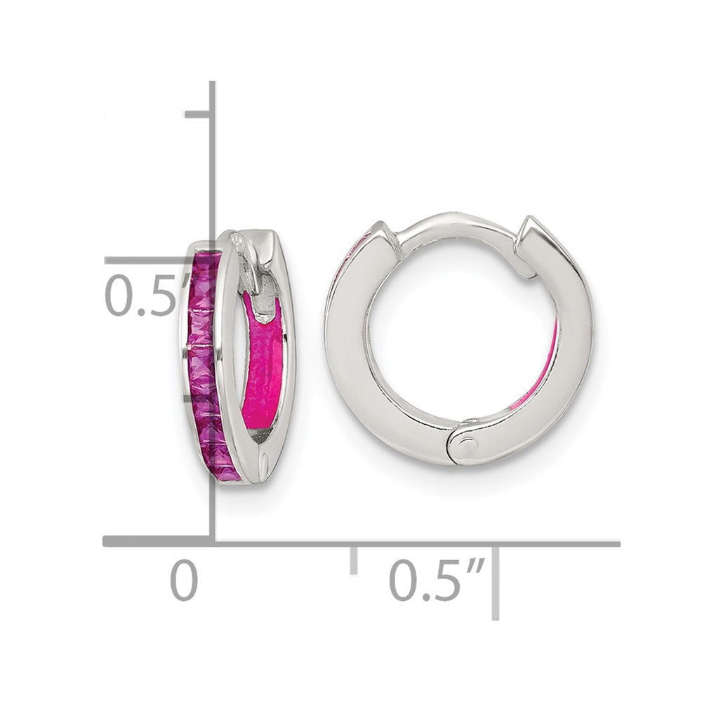 Sterling Silver Polished Pink CZ and Enamel In/out Hinged Round Hoop Earrings