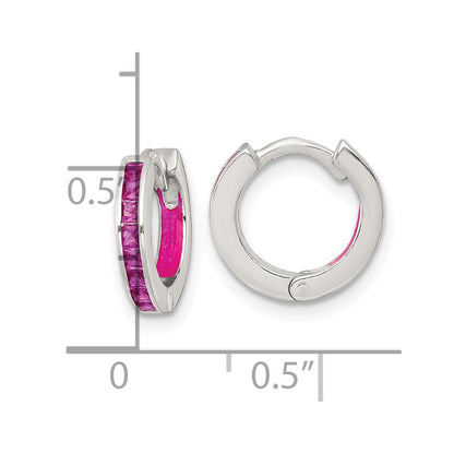 Sterling Silver Polished Pink CZ and Enamel In/out Hinged Round Hoop Earrings