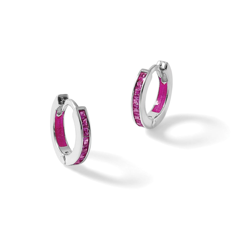 Sterling Silver Polished Pink CZ and Enamel In/out Hinged Round Hoop Earrings