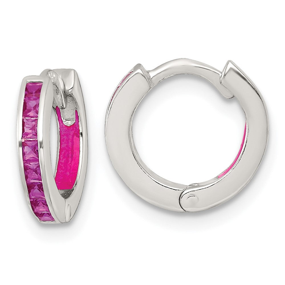 Sterling Silver Polished Pink CZ and Enamel In/out Hinged Round Hoop Earrings