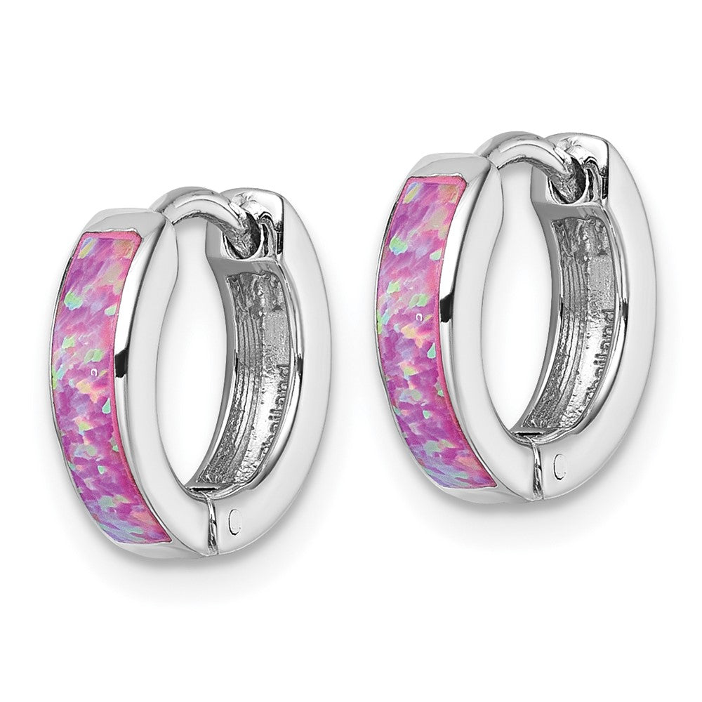 Sterling Silver Rhodium-Plated Created Pink Opal Hoop Earrings