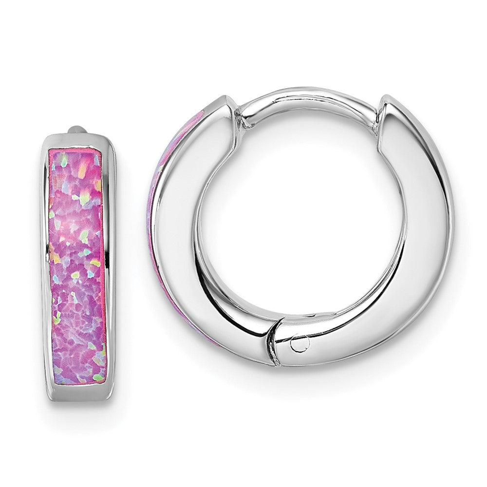 Sterling Silver Rhodium-Plated Created Pink Opal Hoop Earrings