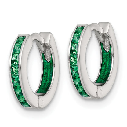 Sterling Silver Polished Green CZ and Enamel In/out Hinged Round Hoop Earrings