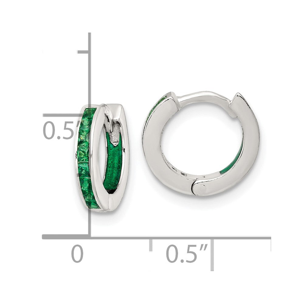 Sterling Silver Polished Green CZ and Enamel In/out Hinged Round Hoop Earrings