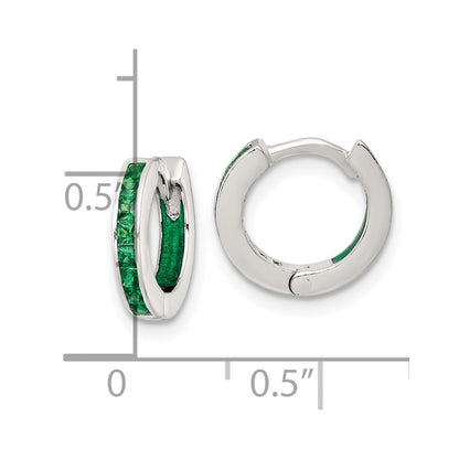 Sterling Silver Polished Green CZ and Enamel In/out Hinged Round Hoop Earrings