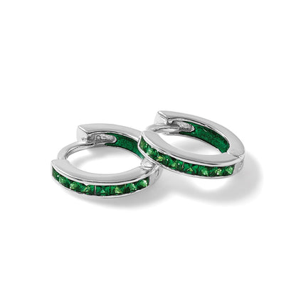 Sterling Silver Polished Green CZ and Enamel In/out Hinged Round Hoop Earrings