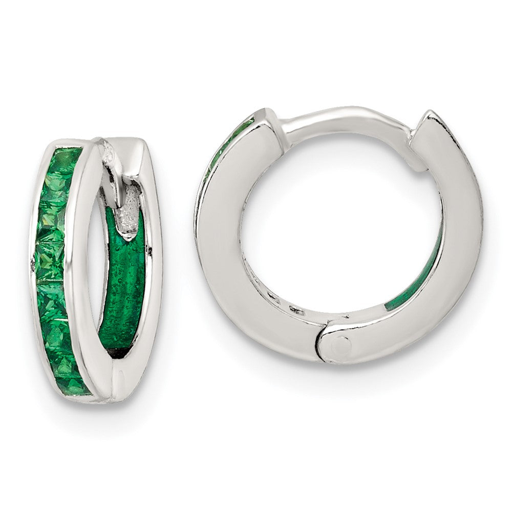 Sterling Silver Polished Green CZ and Enamel In/out Hinged Round Hoop Earrings