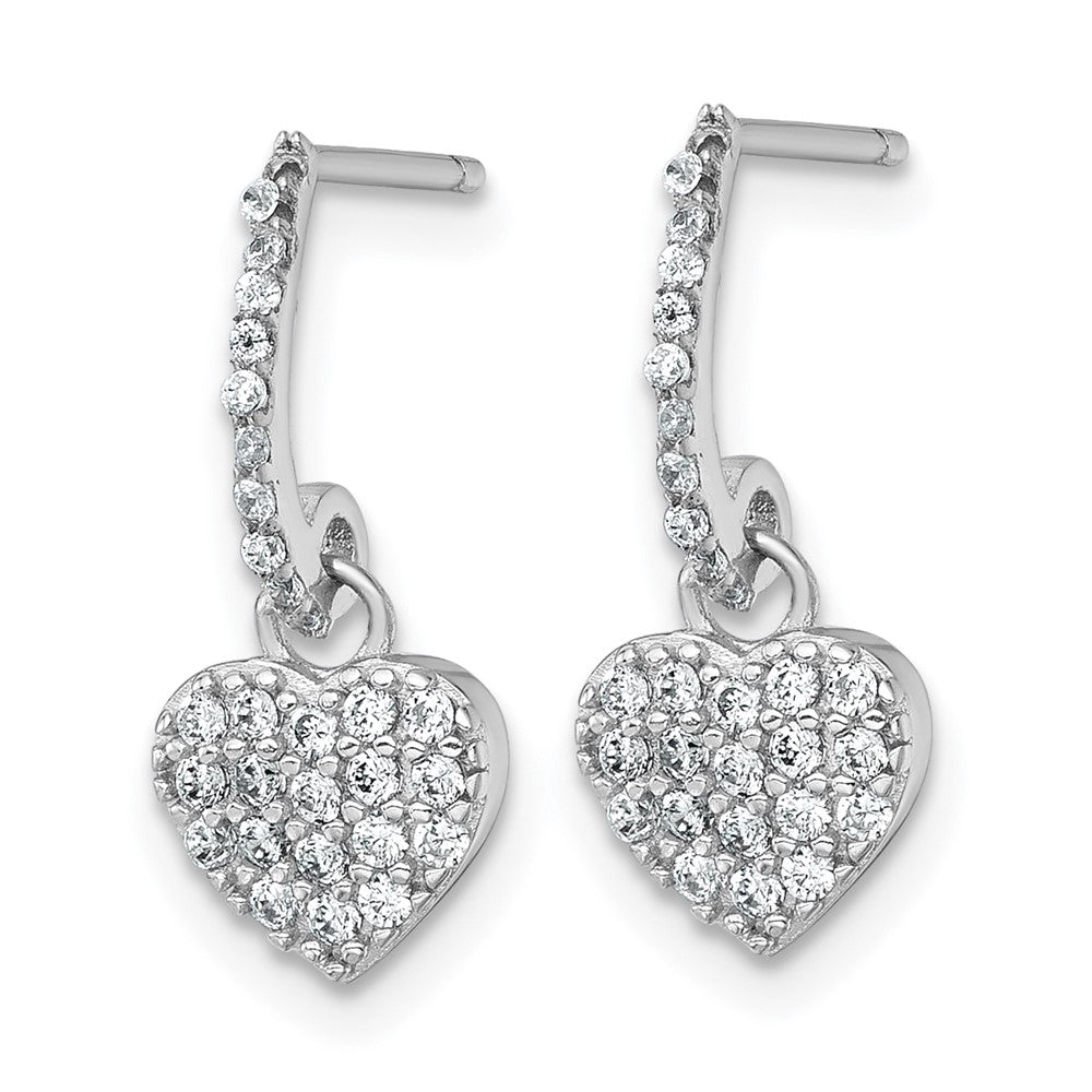 Sterling Silver Rhodium Plated Polished CZ Heart Post Dangle Earrings