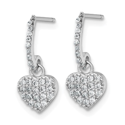 Sterling Silver Rhodium Plated Polished CZ Heart Post Dangle Earrings