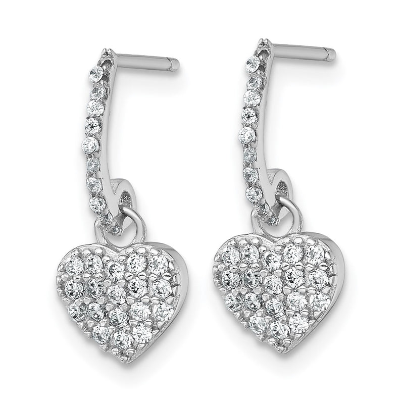 Sterling Silver Rhodium Plated Polished CZ Heart Post Dangle Earrings