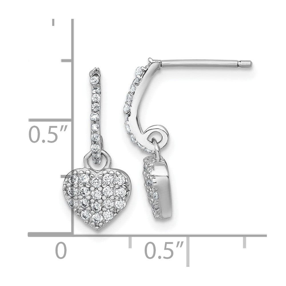 Sterling Silver Rhodium Plated Polished CZ Heart Post Dangle Earrings