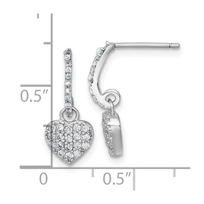 Sterling Silver Rhodium Plated Polished CZ Heart Post Dangle Earrings